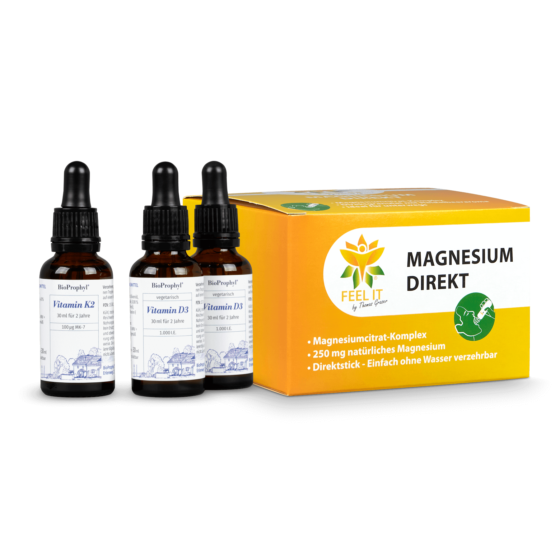 Vitamin D3 Tropfen und Vitamin K2 Tropfen freigestellte Fläschchen + Magnesium Direkt Box
