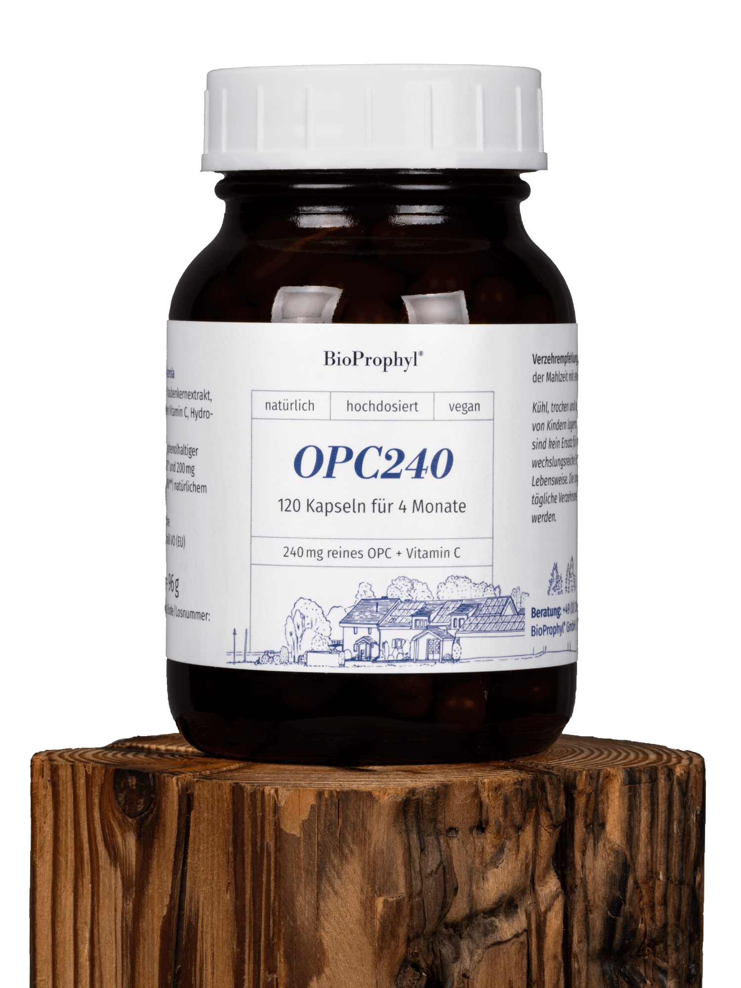OPC240 120 Kapseln Glas auf einem Holzockel