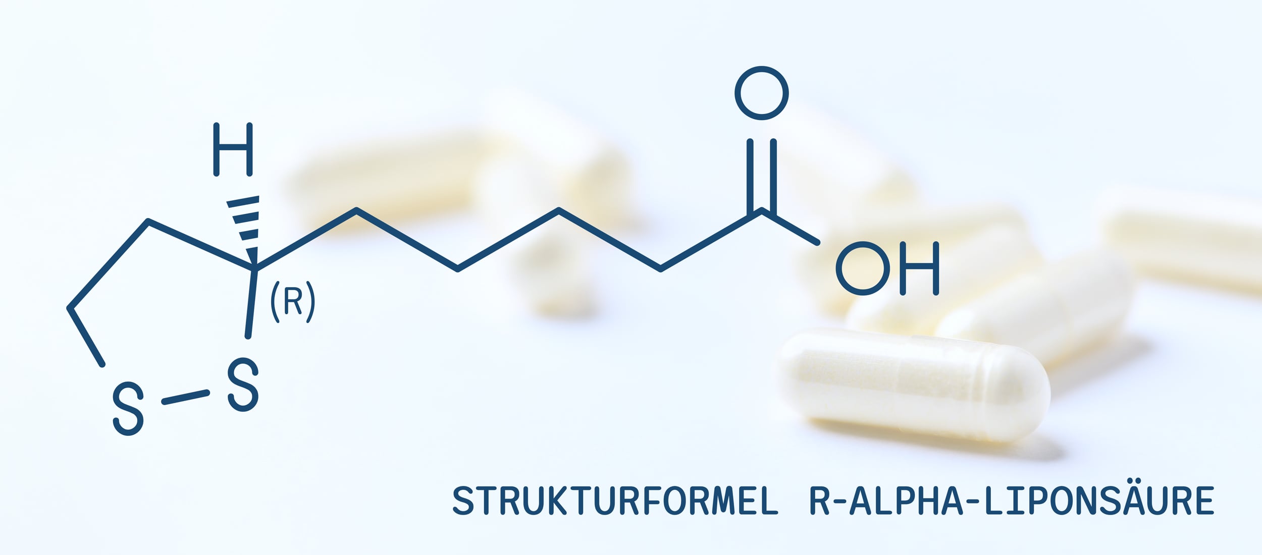 Formule structurale de l'acide R-alpha-lipoïque avec cycle dithiolane, chaîne carbonée et groupe carboxyle