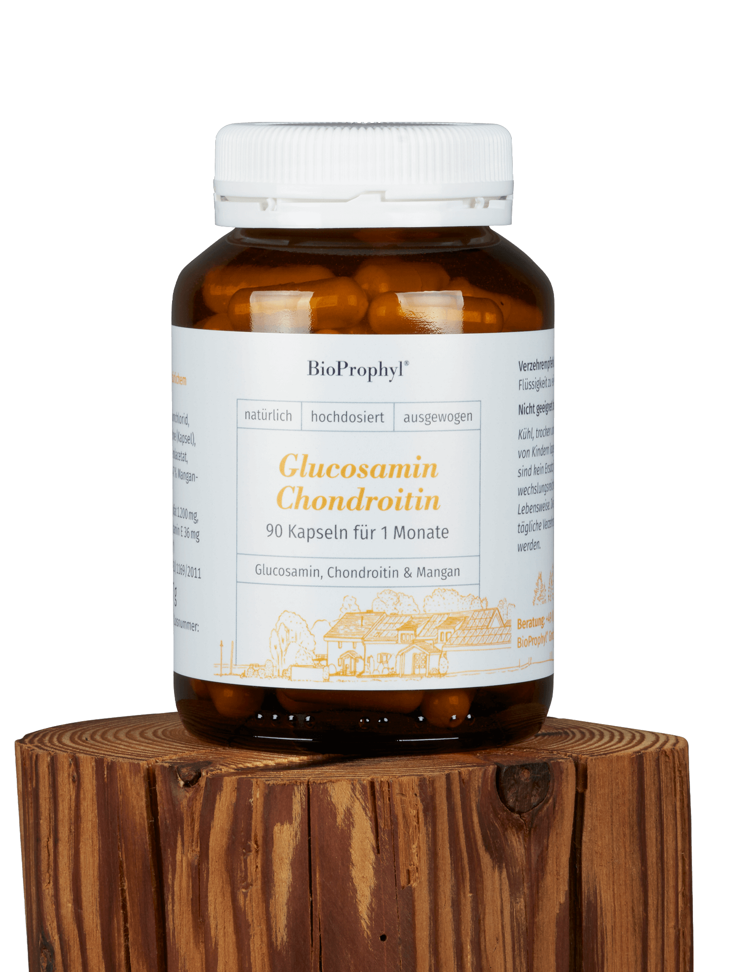 Glucosamin-Chondroitin Glas auf einem Holzsockel
