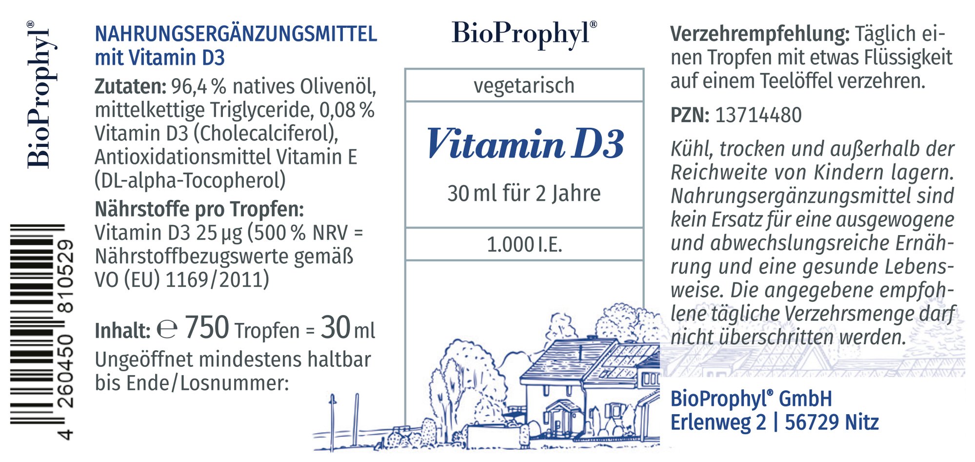 Produktetikett von Vitamin D3 Tropfen