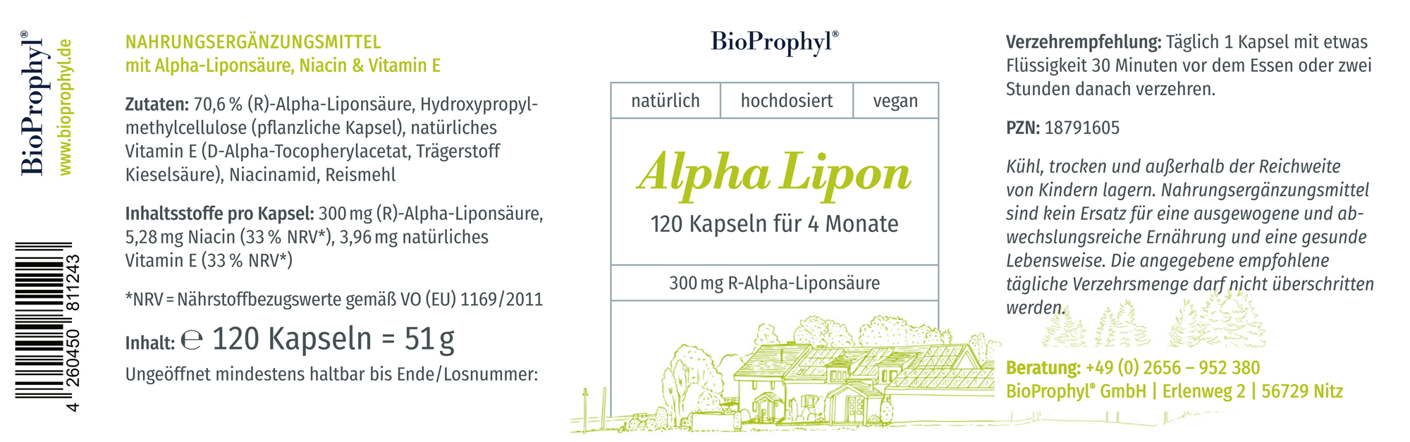 Produktetikett von Alpha Lipon mit 120 Kapseln