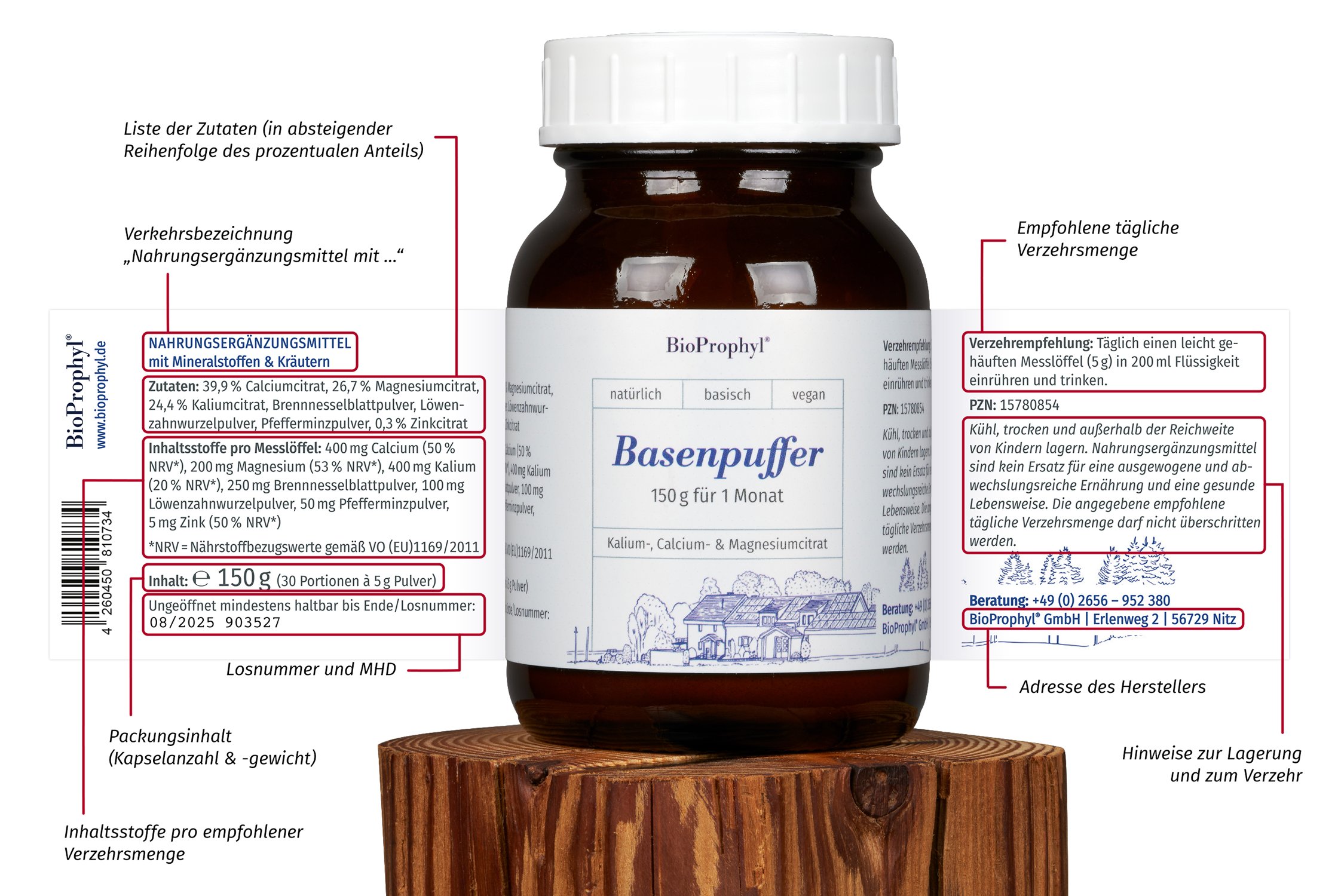 Basenpuffer Glas mit Erklärung der Pflichtangaben