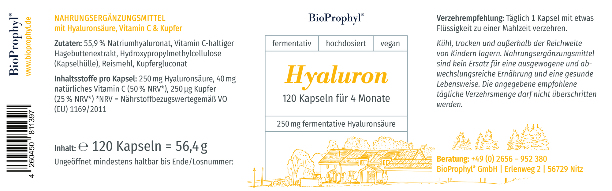 Produktetikett von Hyaluron mit 120 Kapseln