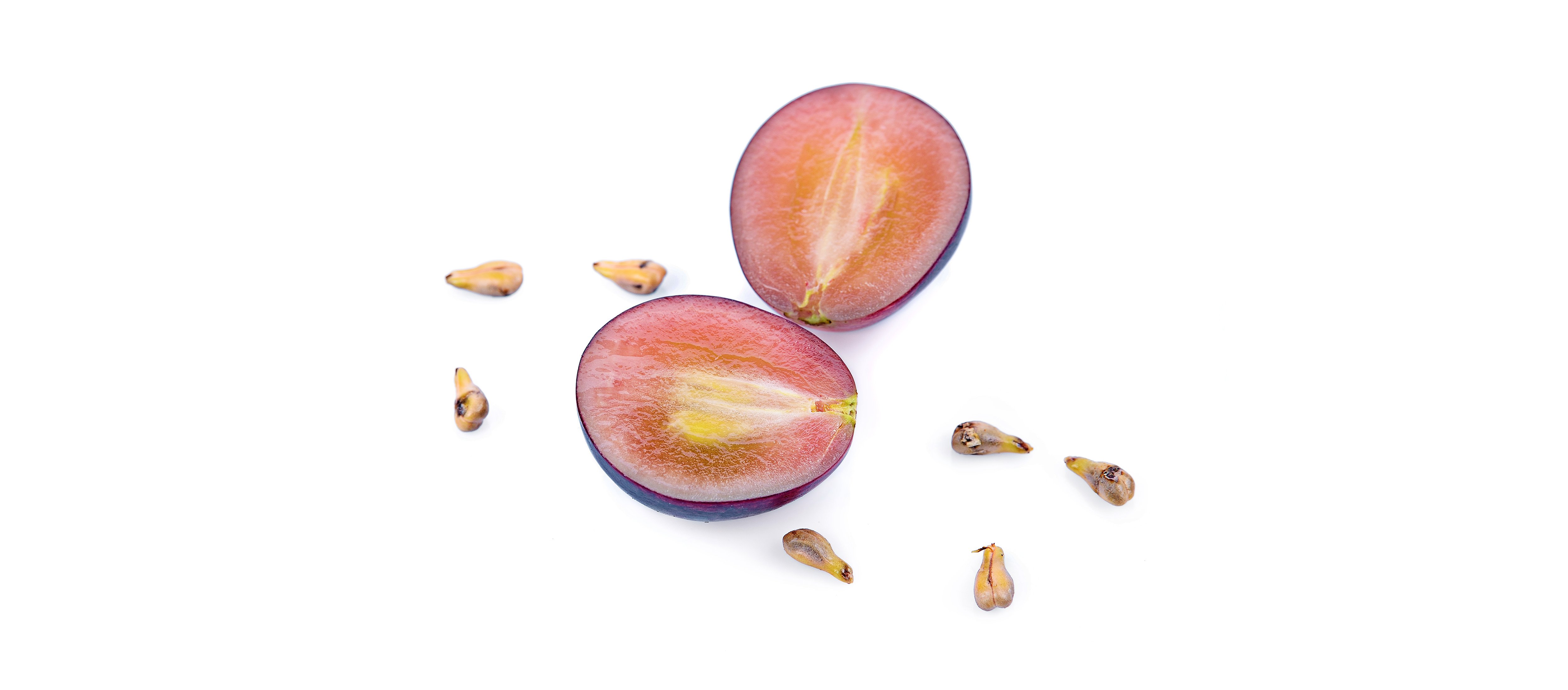 Eine zerschnittene Traube und Traubenkerne sind zu sehen