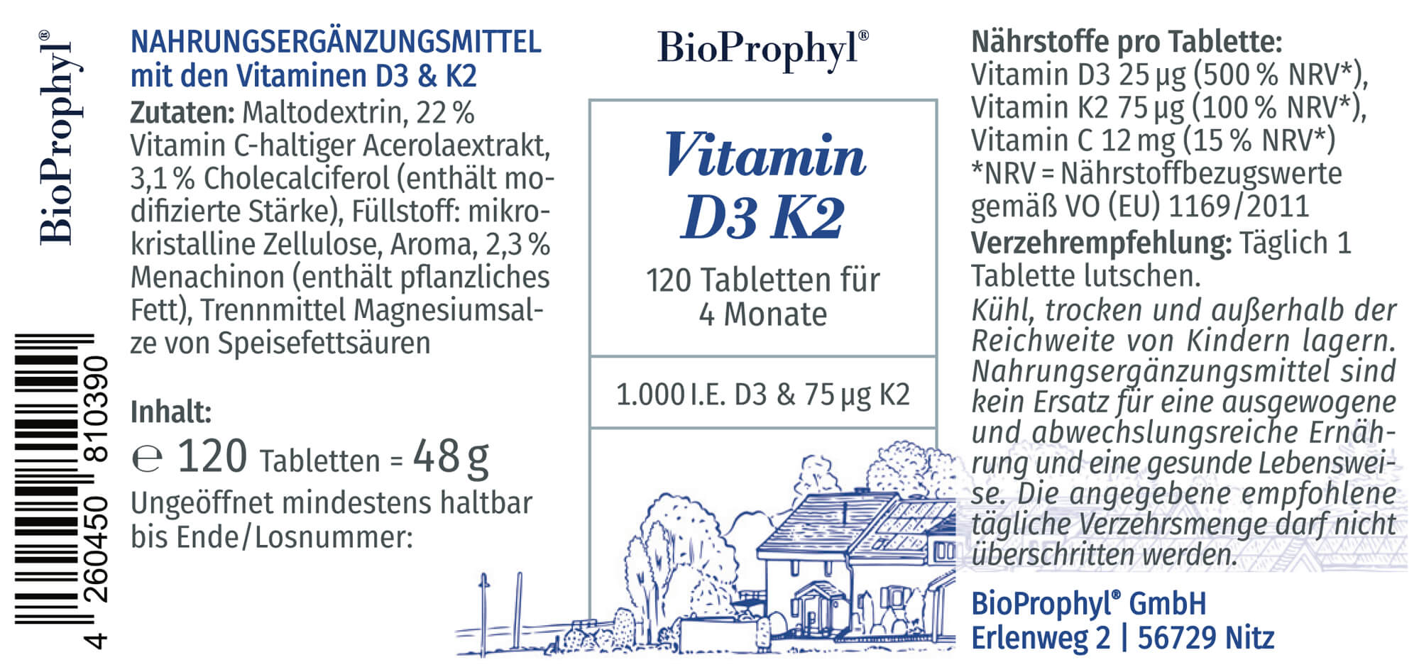 Produktetikett von Vitamin D3 K2 Lutschtabletten
